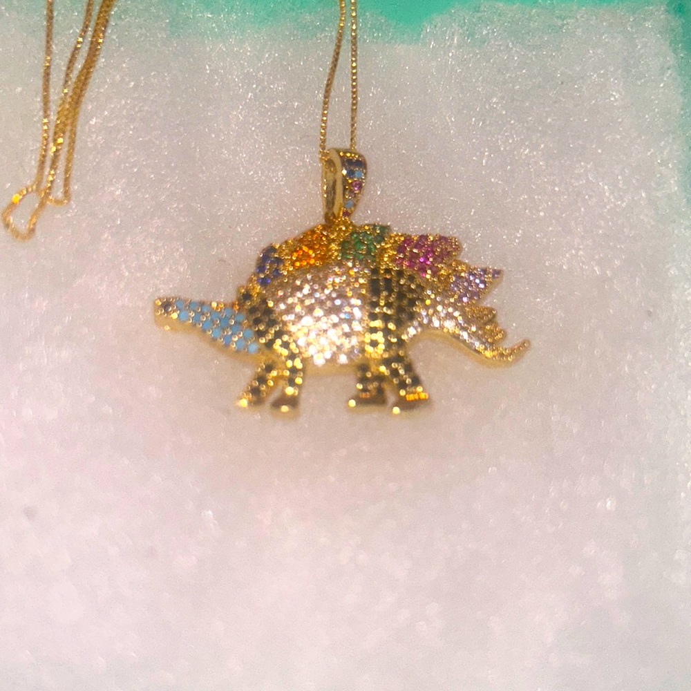 Boho hippie Stegosaurus Dinosaur Gold Plated over Silver 16” Necklace - Picture 4 of 6